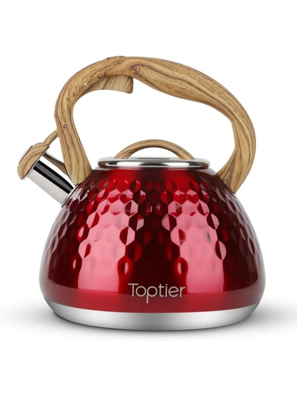 Red Kitchen Whistling Tea Kettle 2.7-QT Stainless Steel Diamond Design Stovetop